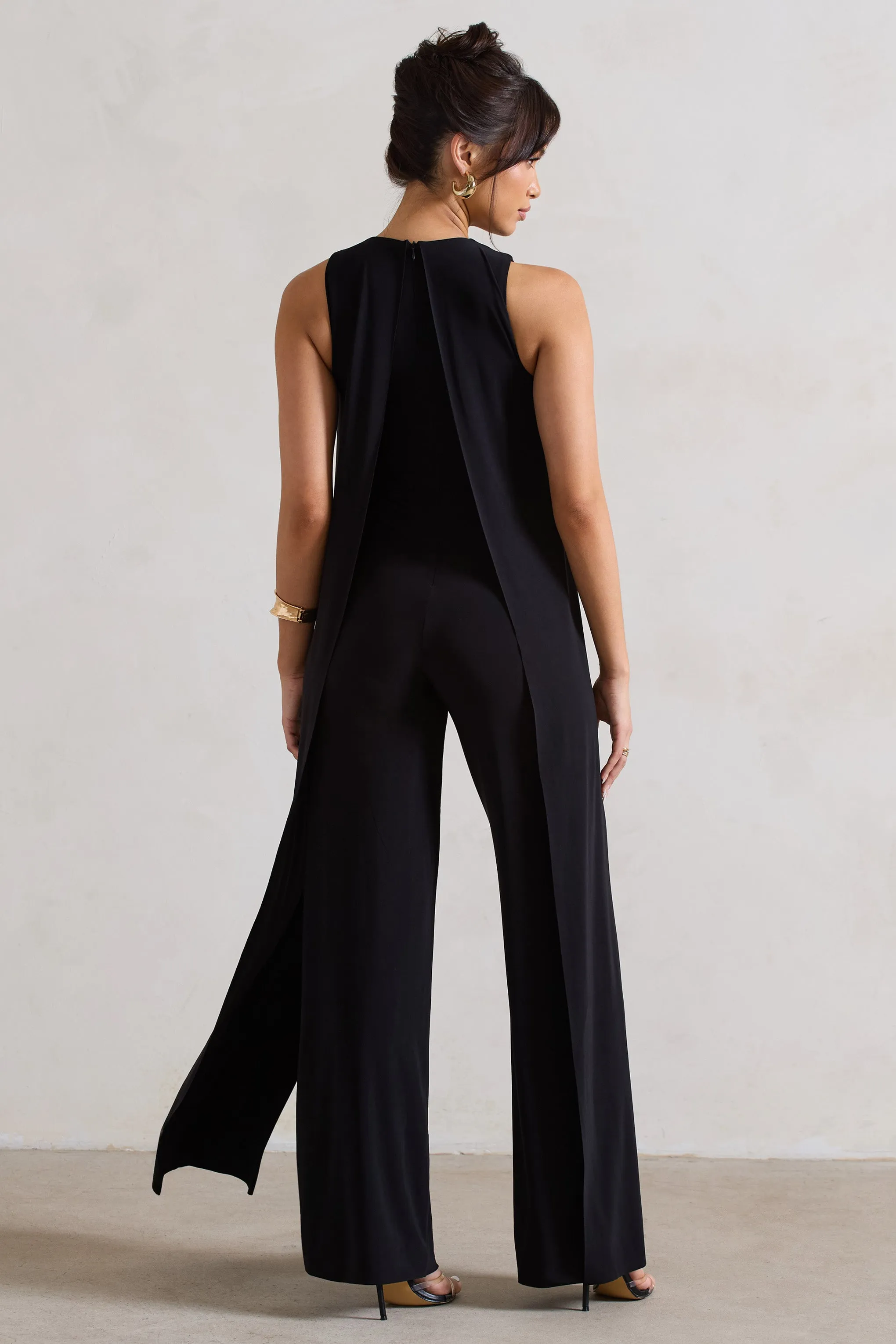 Essence | Black High-Neck Wide-Leg Jumpsuit With Cape