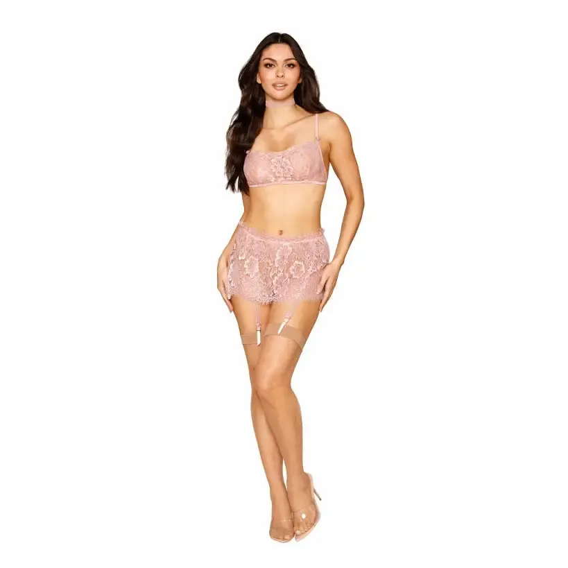 Eyelash Lace Bralette Garter Skirt Set Rose Quartz