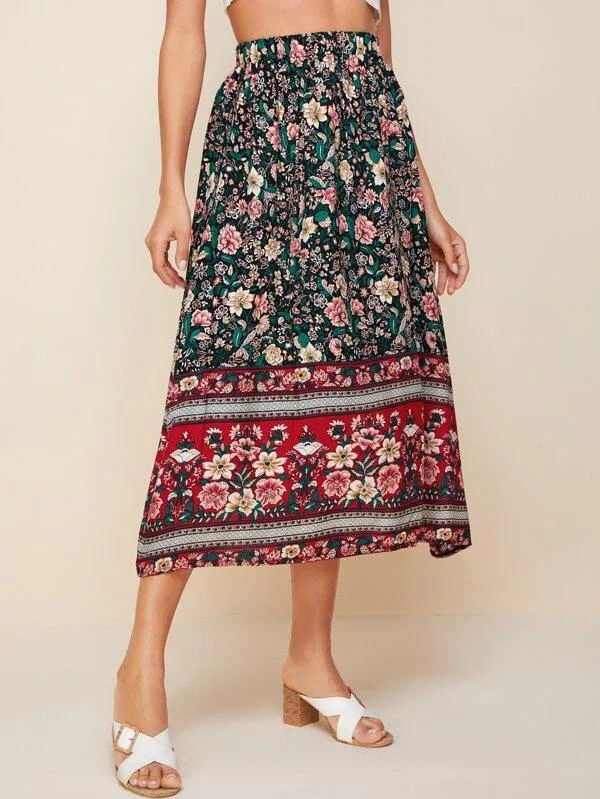 Floral & Tribal Print Longline Skirt