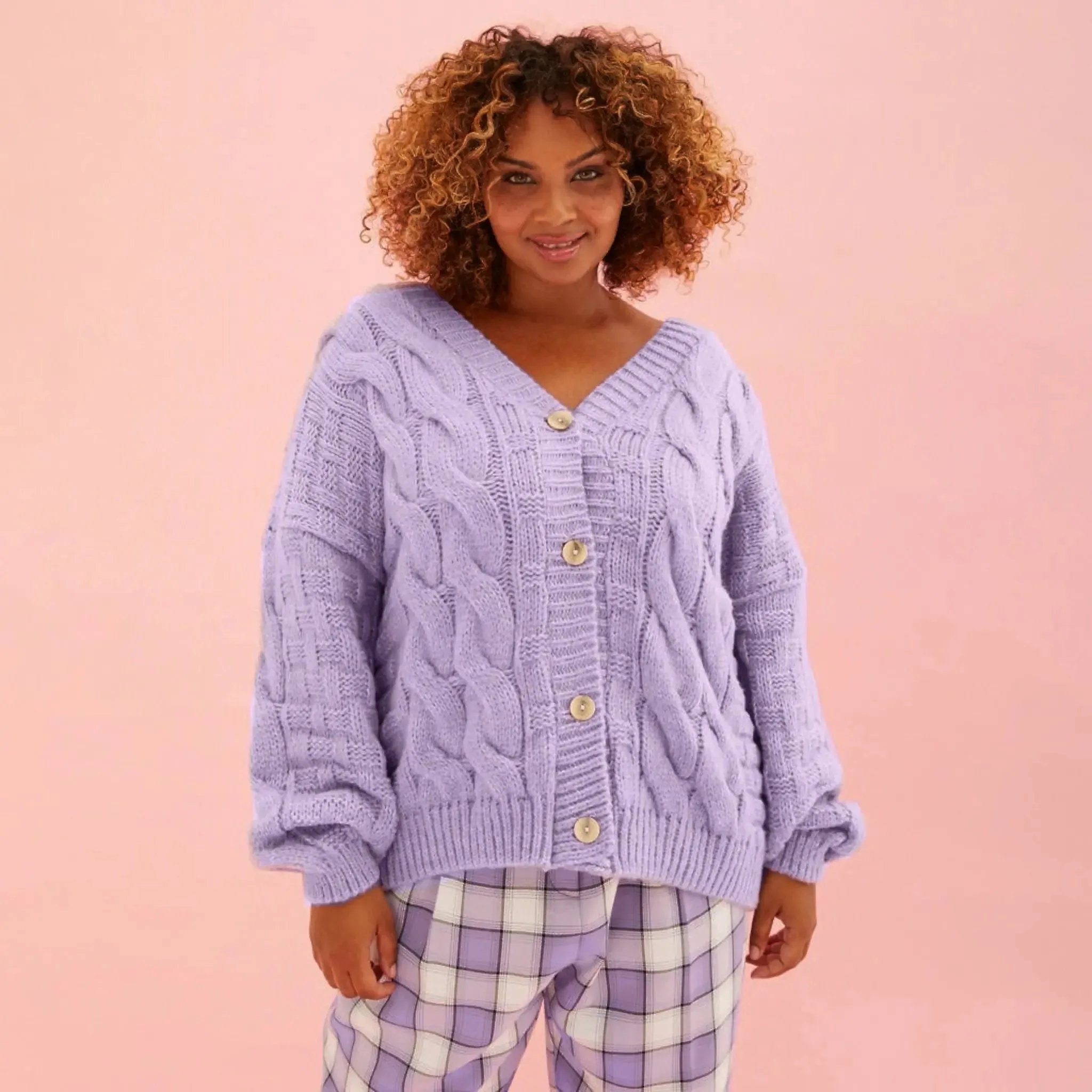 Gemma Basket Stitch Balloon Sleeve Chunky Knit Cardigan - Lilac