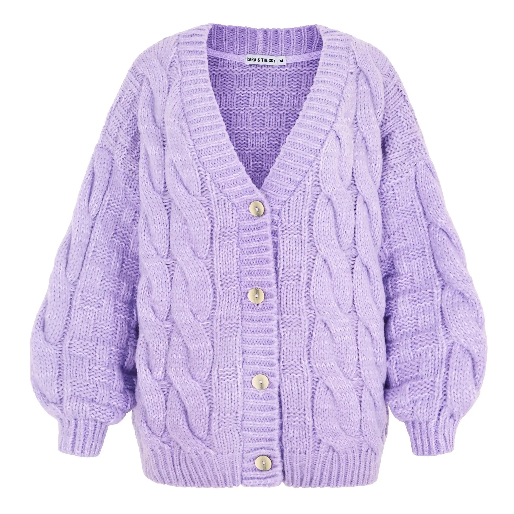 Gemma Basket Stitch Balloon Sleeve Chunky Knit Cardigan - Lilac