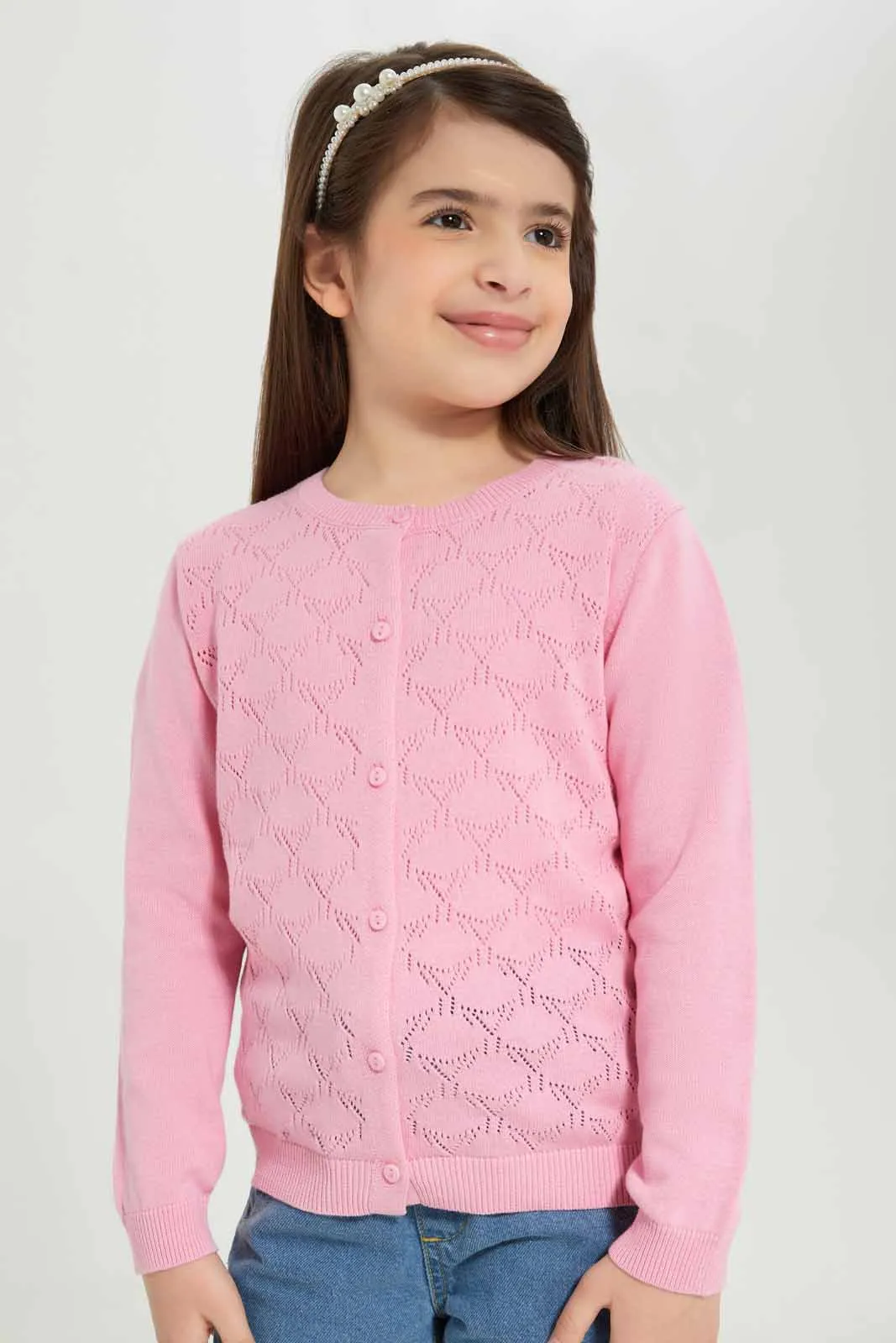 Girls Pink Jacquard Cardigan