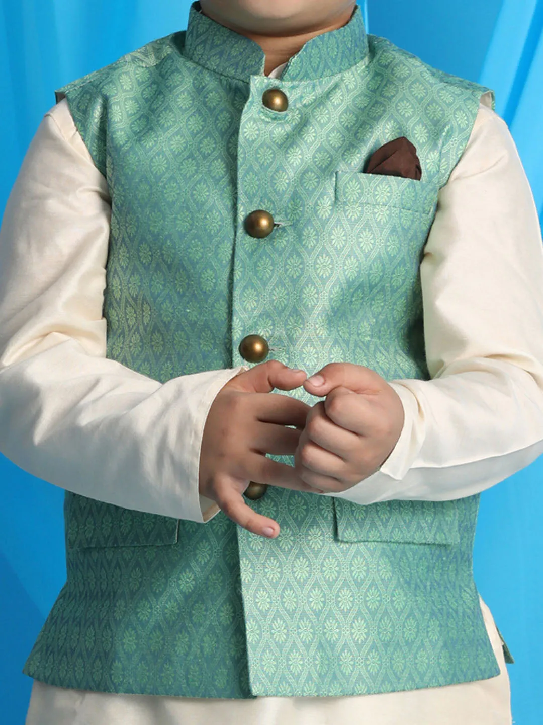 Jashvi Boy's Light Green Woven Jacket With Cream Kurta and Pyjama Set