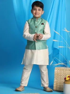 Jashvi Boy's Light Green Woven Jacket With Cream Kurta and Pyjama Set