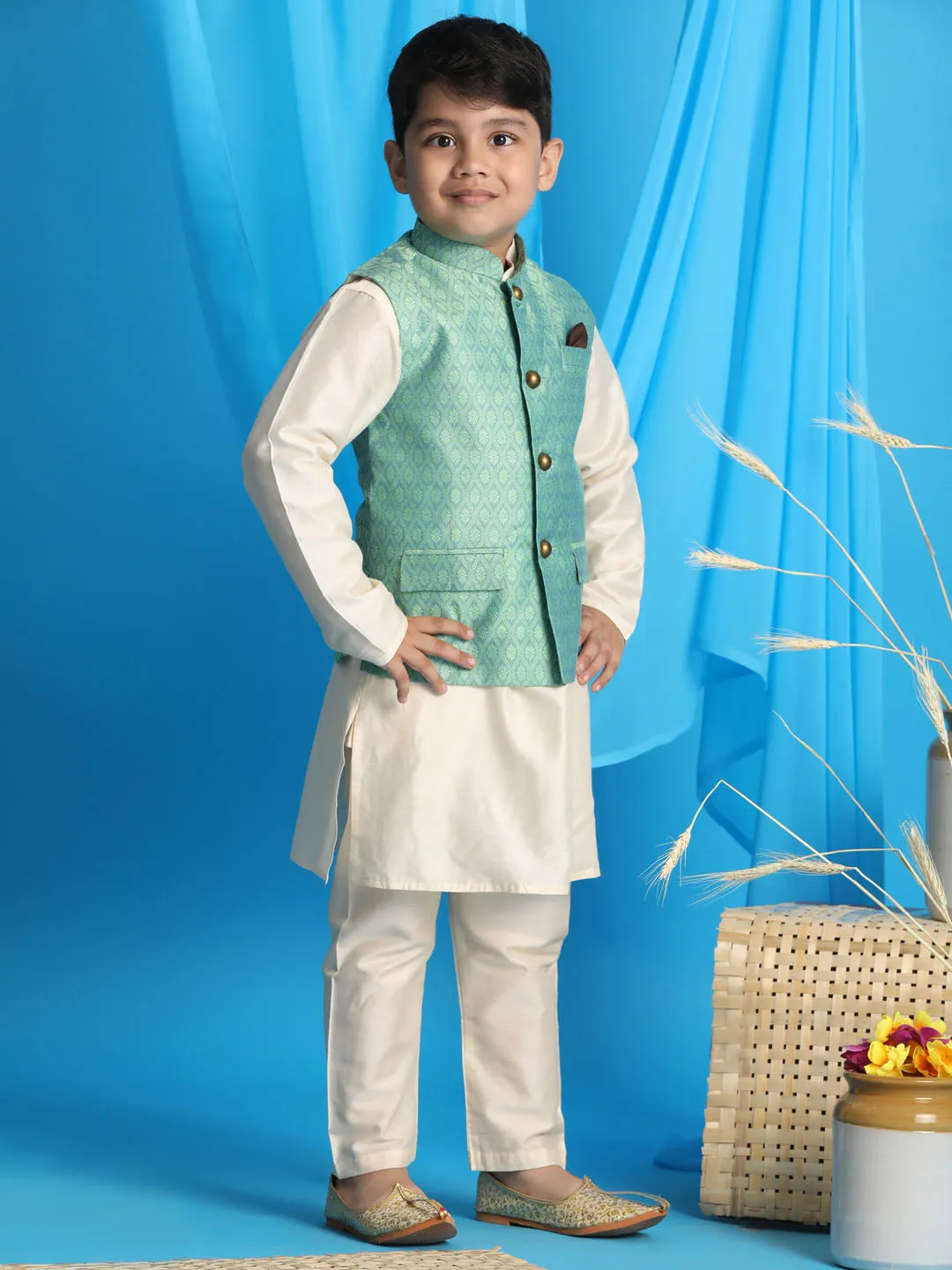 Jashvi Boy's Light Green Woven Jacket With Cream Kurta and Pyjama Set