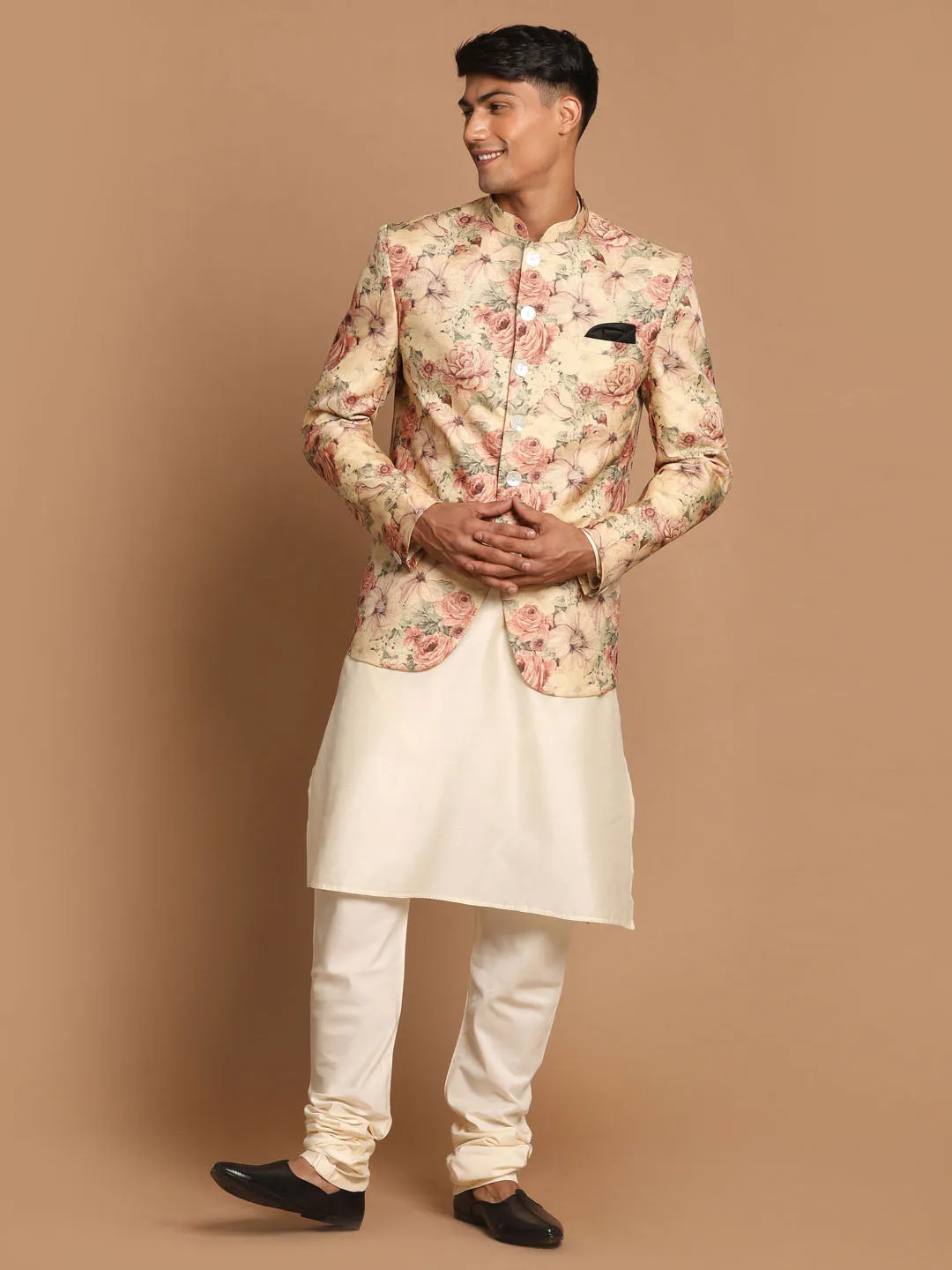 Jashvi Men's Beige Printed Jodhpuri And Cream Kurta Pyjama Set