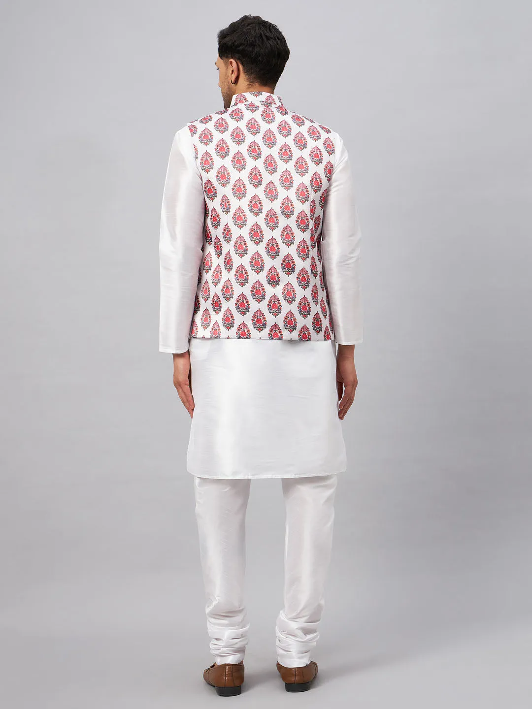 Jashvi Men's Multicolor Printed Ethnic Jacket With White Cotton Blend Kurta and Pyjama Set