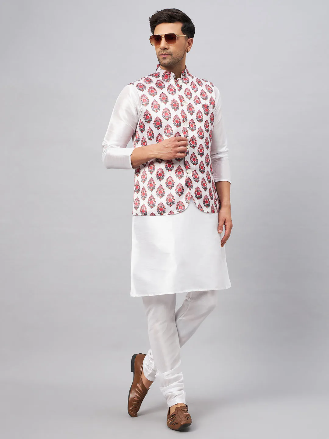 Jashvi Men's Multicolor Printed Ethnic Jacket With White Cotton Blend Kurta and Pyjama Set