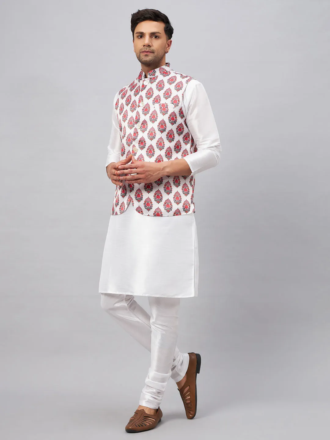 Jashvi Men's Multicolor Printed Ethnic Jacket With White Cotton Blend Kurta and Pyjama Set