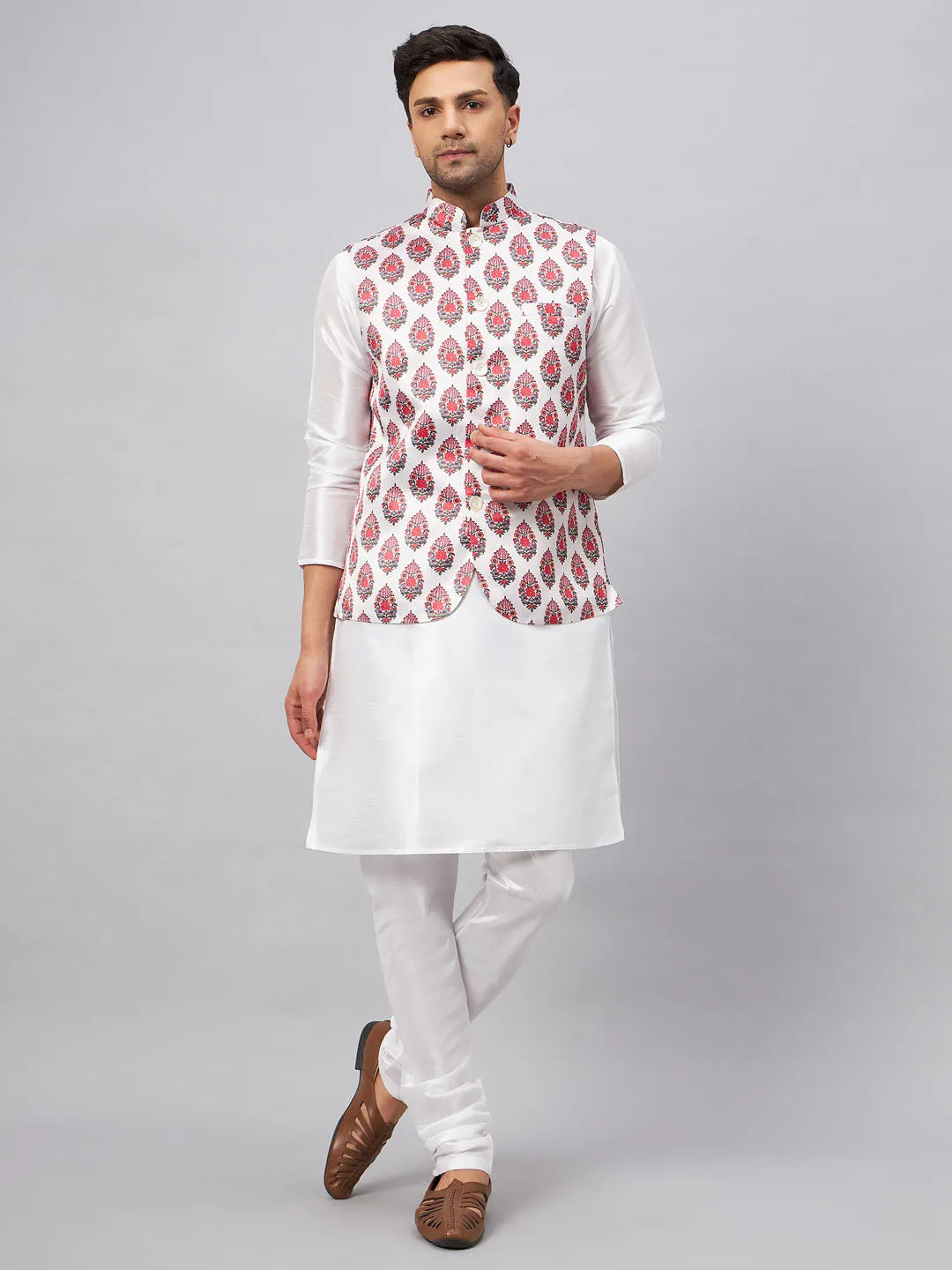 Jashvi Men's Multicolor Printed Ethnic Jacket With White Cotton Blend Kurta and Pyjama Set