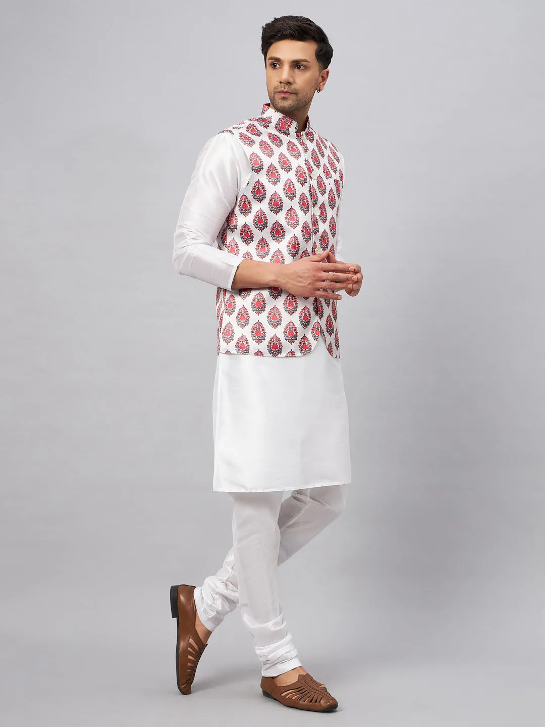 Jashvi Men's Multicolor Printed Ethnic Jacket With White Cotton Blend Kurta and Pyjama Set