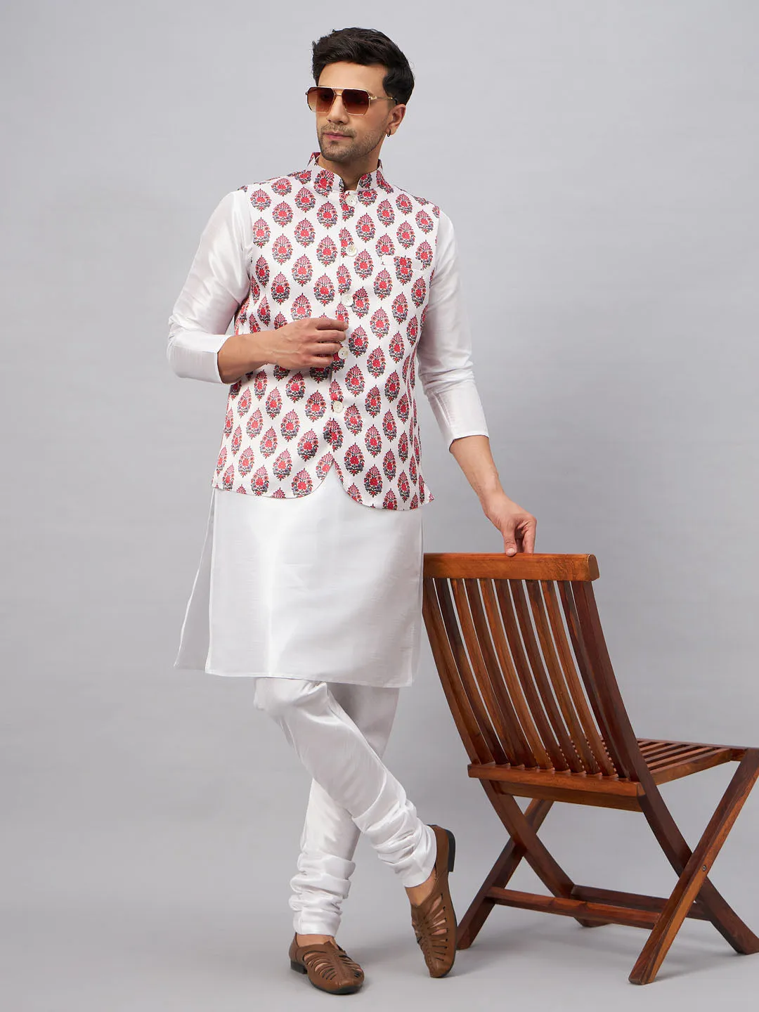 Jashvi Men's Multicolor Printed Ethnic Jacket With White Cotton Blend Kurta and Pyjama Set