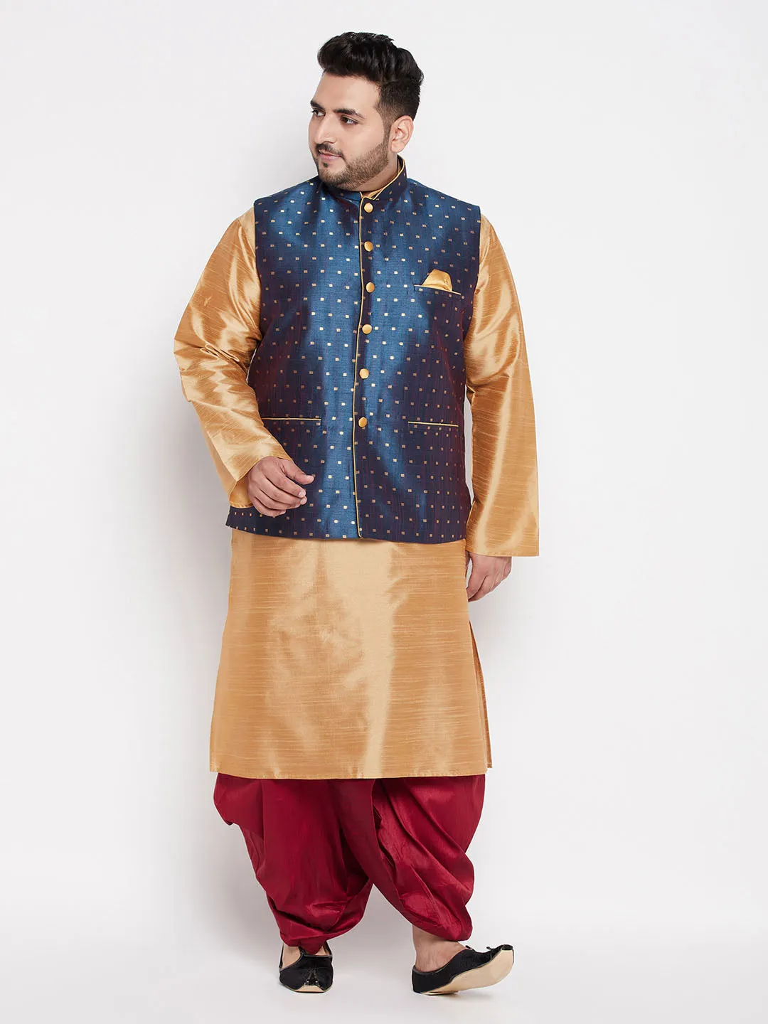 Jashvi Men's Plus Size Blue Zari Weaved Nehru Jacket With Kurta Dhoti set