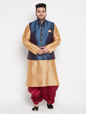 Jashvi Men's Plus Size Blue Zari Weaved Nehru Jacket With Kurta Dhoti set