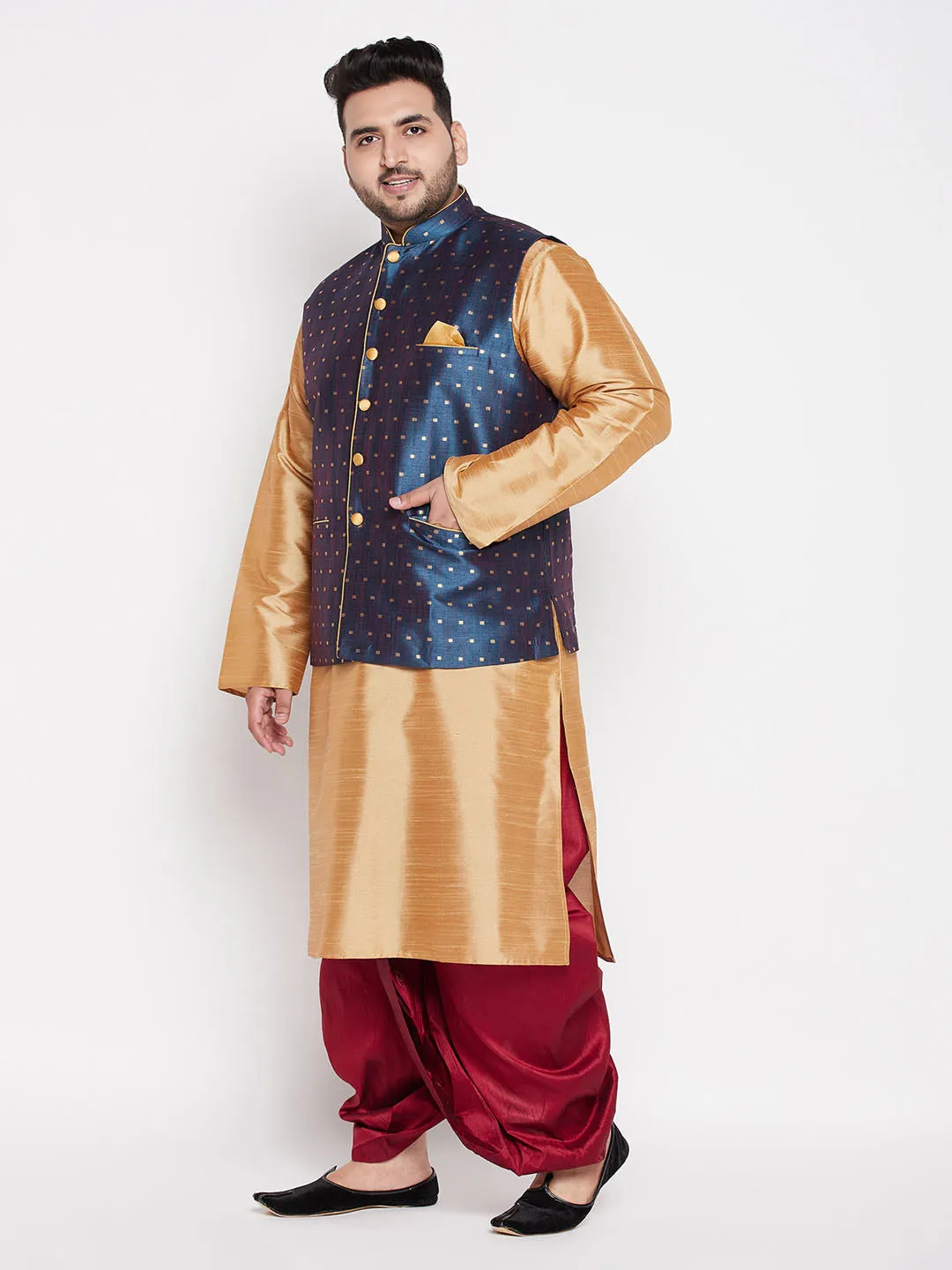 Jashvi Men's Plus Size Blue Zari Weaved Nehru Jacket With Kurta Dhoti set