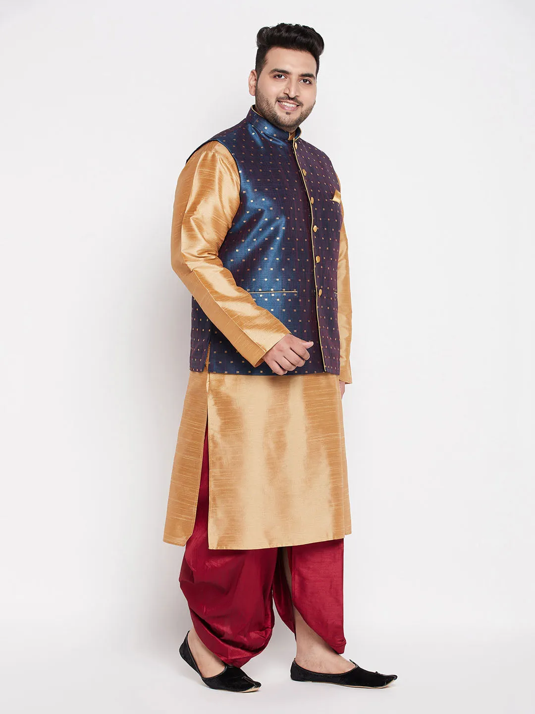 Jashvi Men's Plus Size Blue Zari Weaved Nehru Jacket With Kurta Dhoti set