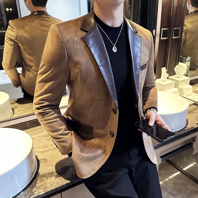 Leather suit jacket, textured suede suit, thick coffee color