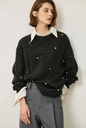 LILY Grey Tone Rhinestone Loose Sweater