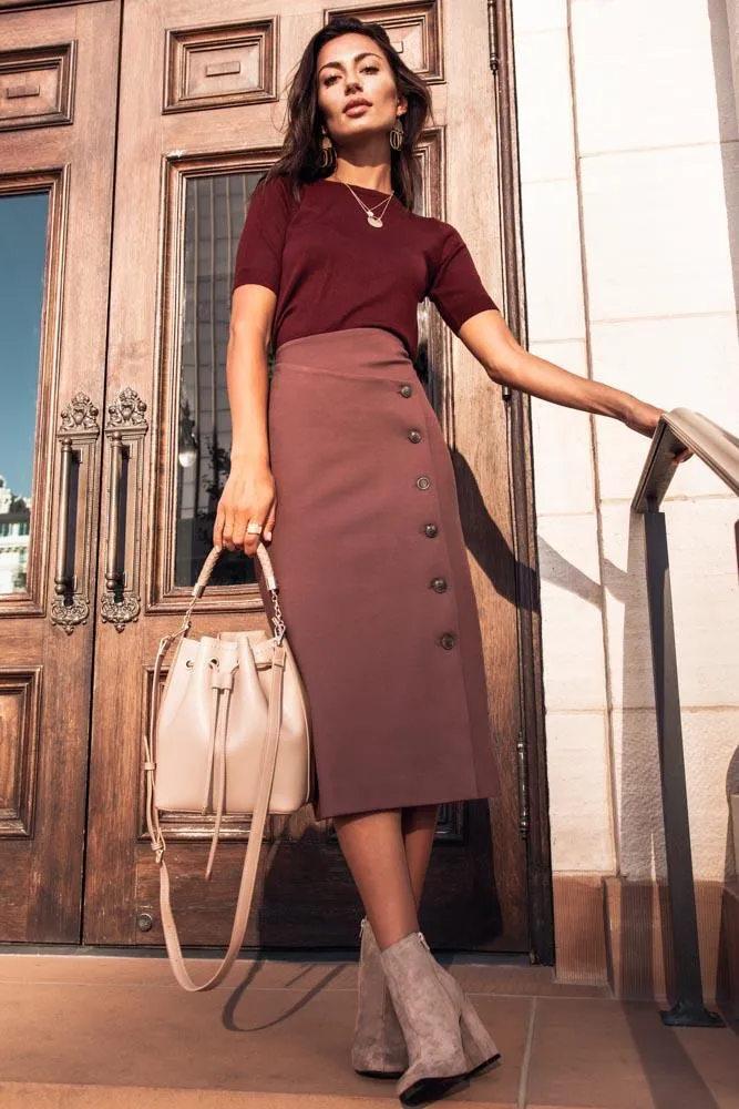 Plum Maryn Button-Down Midi Skirt with Pockets for Women