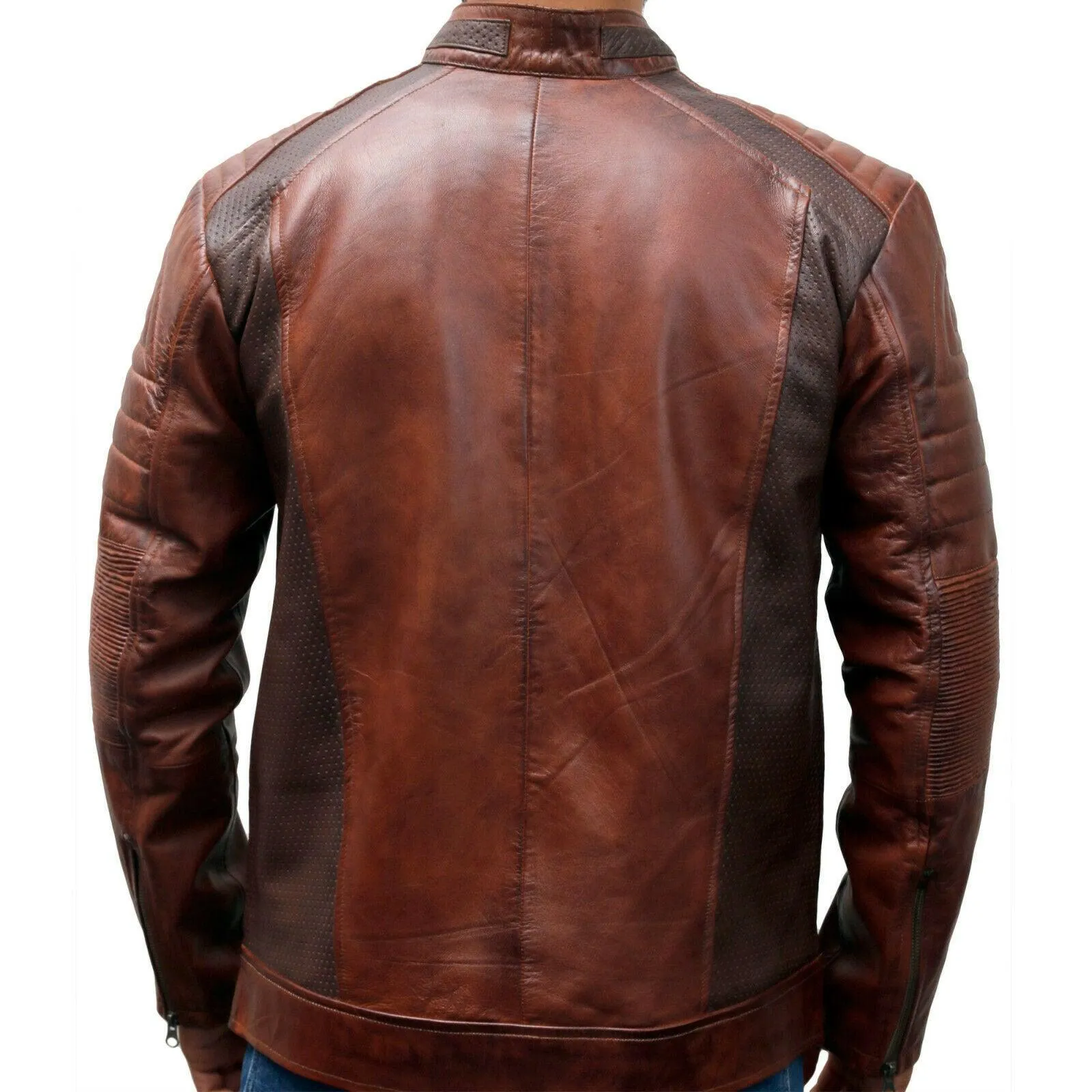 Men's Biker Vintage Motorcycle Bikers Brown Distressed Leather Cafe Racer Jacket Active