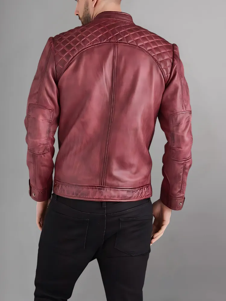 Mens Black and Maroon Quilted Cafe Racer Leather Jacket