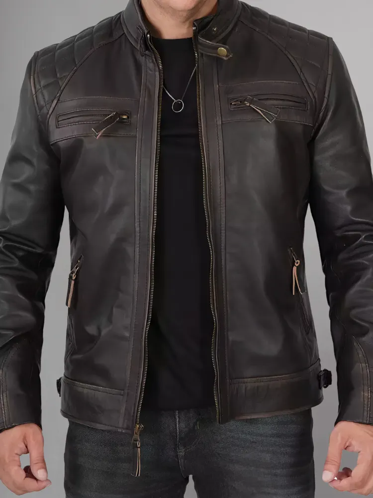 Mens Black and Maroon Quilted Cafe Racer Leather Jacket