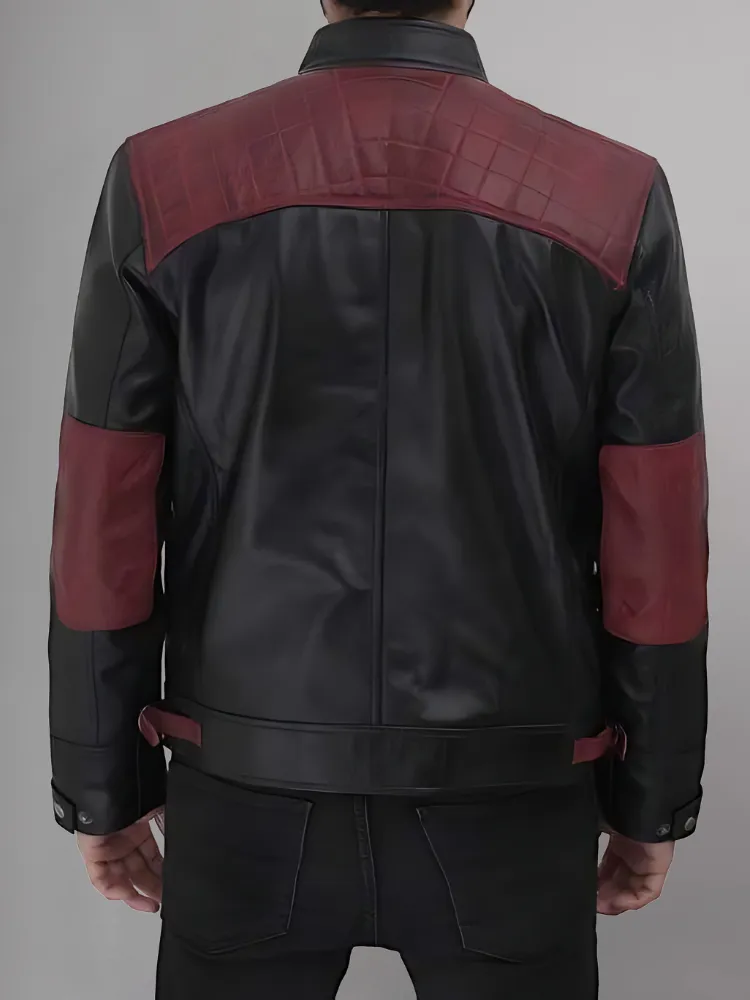 Mens Black and Maroon Quilted Cafe Racer Leather Jacket