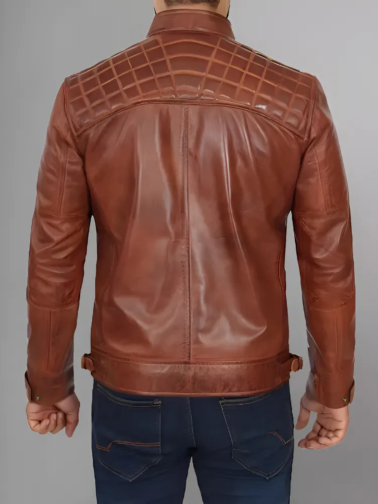 Mens Black and Maroon Quilted Cafe Racer Leather Jacket