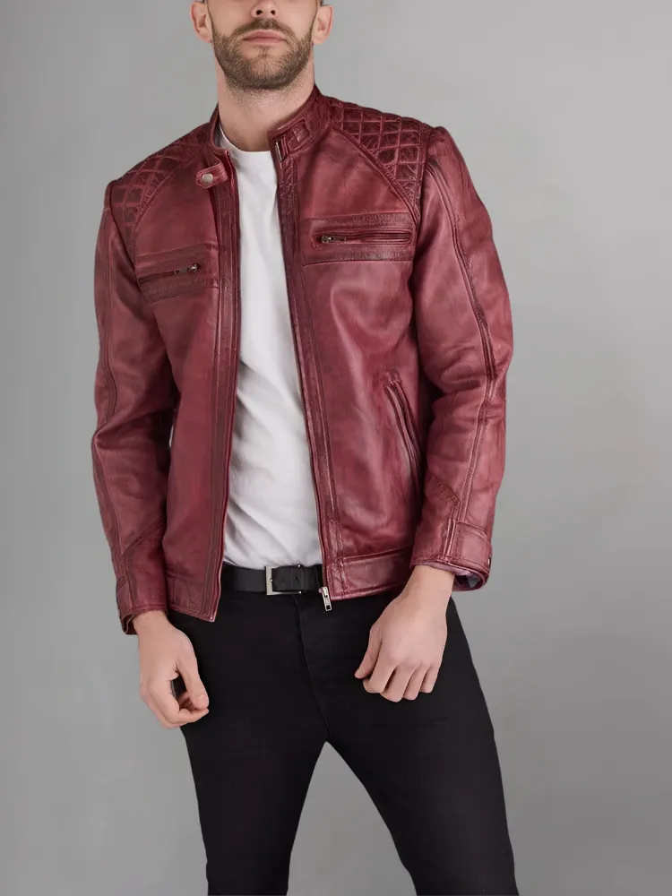 Mens Black and Maroon Quilted Cafe Racer Leather Jacket