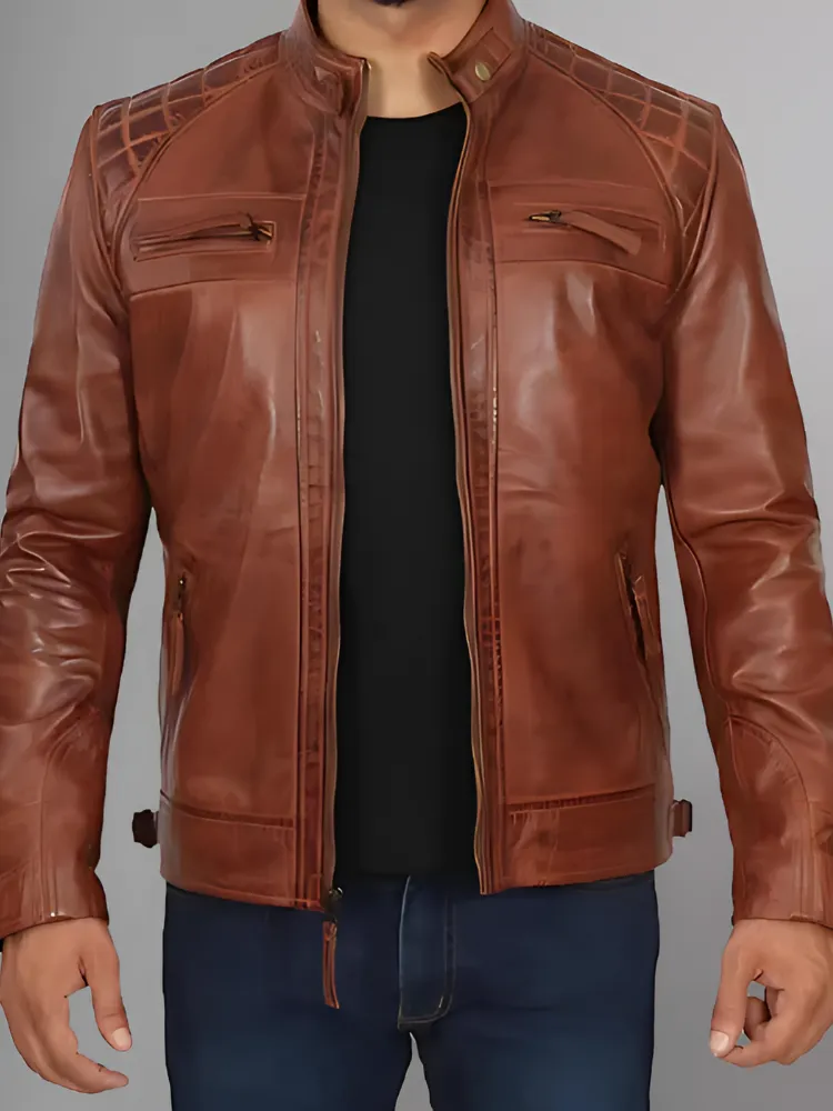 Mens Black and Maroon Quilted Cafe Racer Leather Jacket