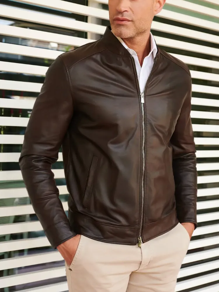 MEN’S CAFE RACER BROWN GENUINE LEATHER JACKET