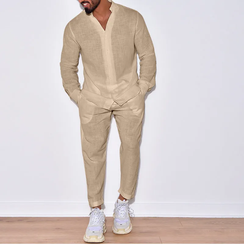 Men's Linen Solid Color Lounge Suit Long Sleeves