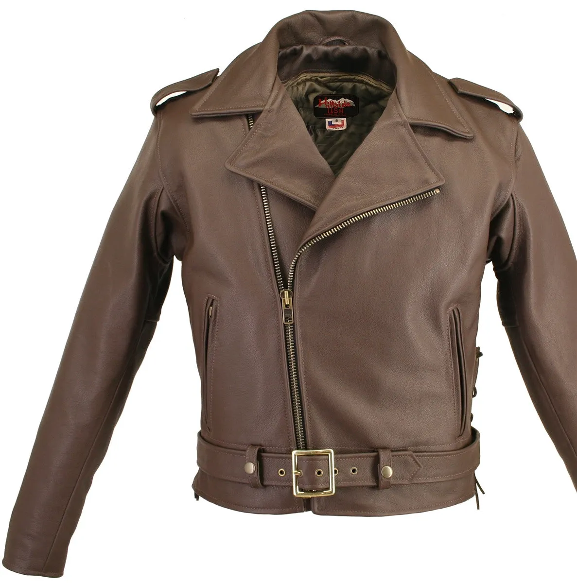 Men's Made in USA Classic Brown Naked Leather Belted Motorcycle Jacket