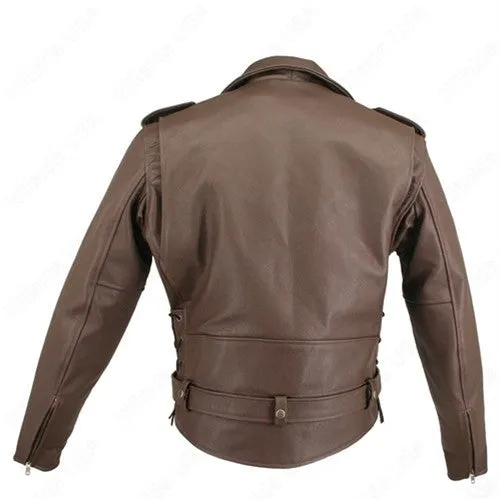 Men's Made in USA Classic Brown Naked Leather Belted Motorcycle Jacket