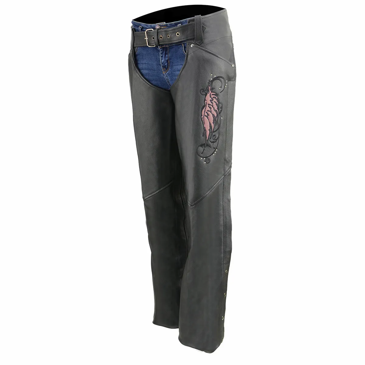 Milwaukee Leather Women's Classic Black Premium Leather Motorcycle Chaps w/ Pink Wing Embroidery-ML1179