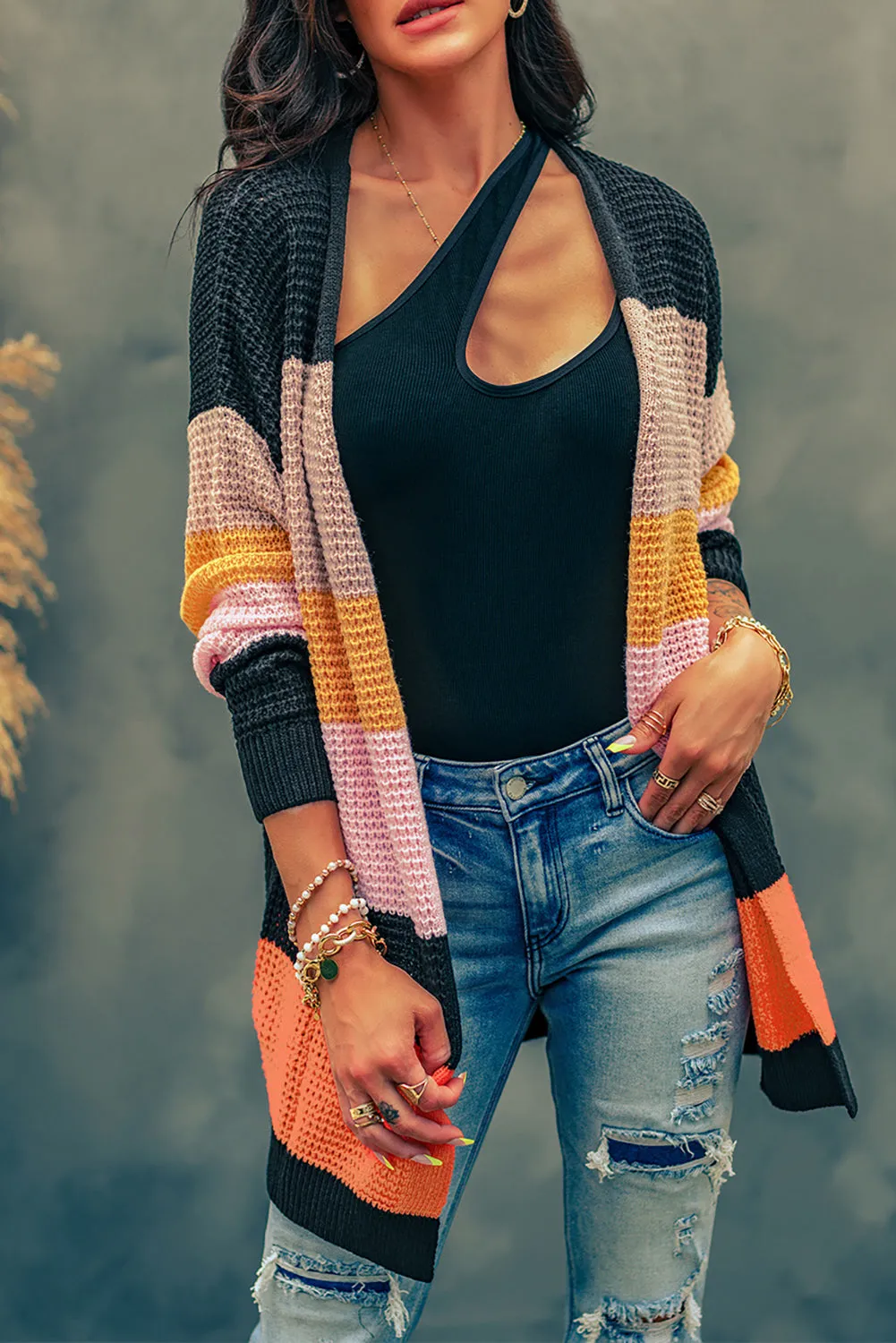 Multicolor Knitted Long Sleeve Cardigan Sweater