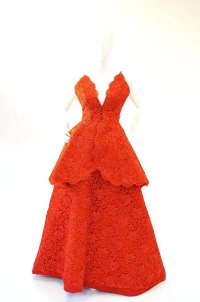 Nina Ricci Couture Red Corded Lace Evening Ensemble