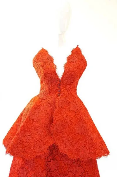 Nina Ricci Couture Red Corded Lace Evening Ensemble