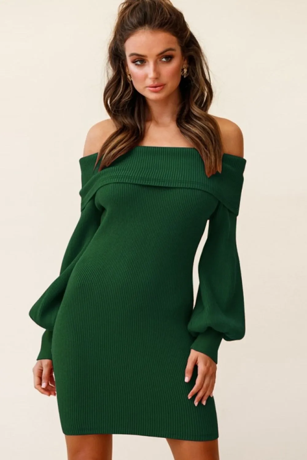 Off-The-Shoulder Lantern Sleeve Sheath Knit Dress