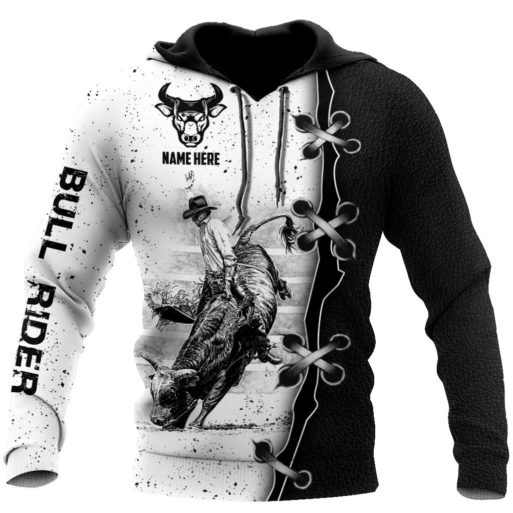 Personalized Name Bull Riding Unisex Hoodie Black And White Bull Rider Hoodie 3D Full Print