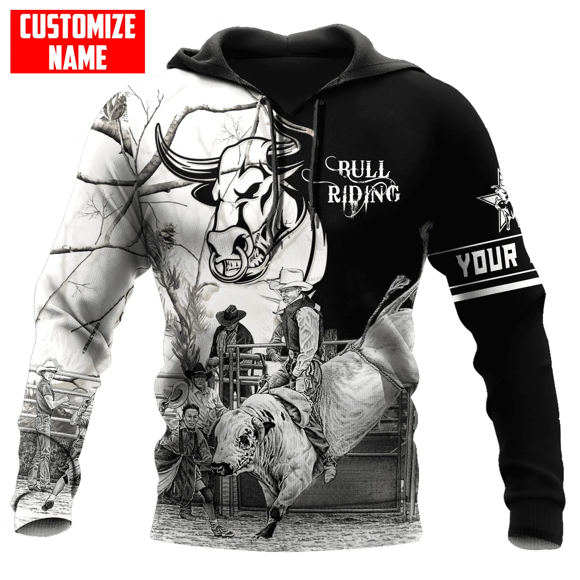 Personalized Name Bull Riding Unisex Hoodie Black And White Bull Rider Hoodie 3D Full Print