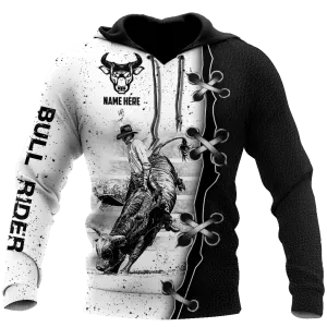 Personalized Name Bull Riding Unisex Hoodie Black And White Bull Rider Hoodie 3D Full Print