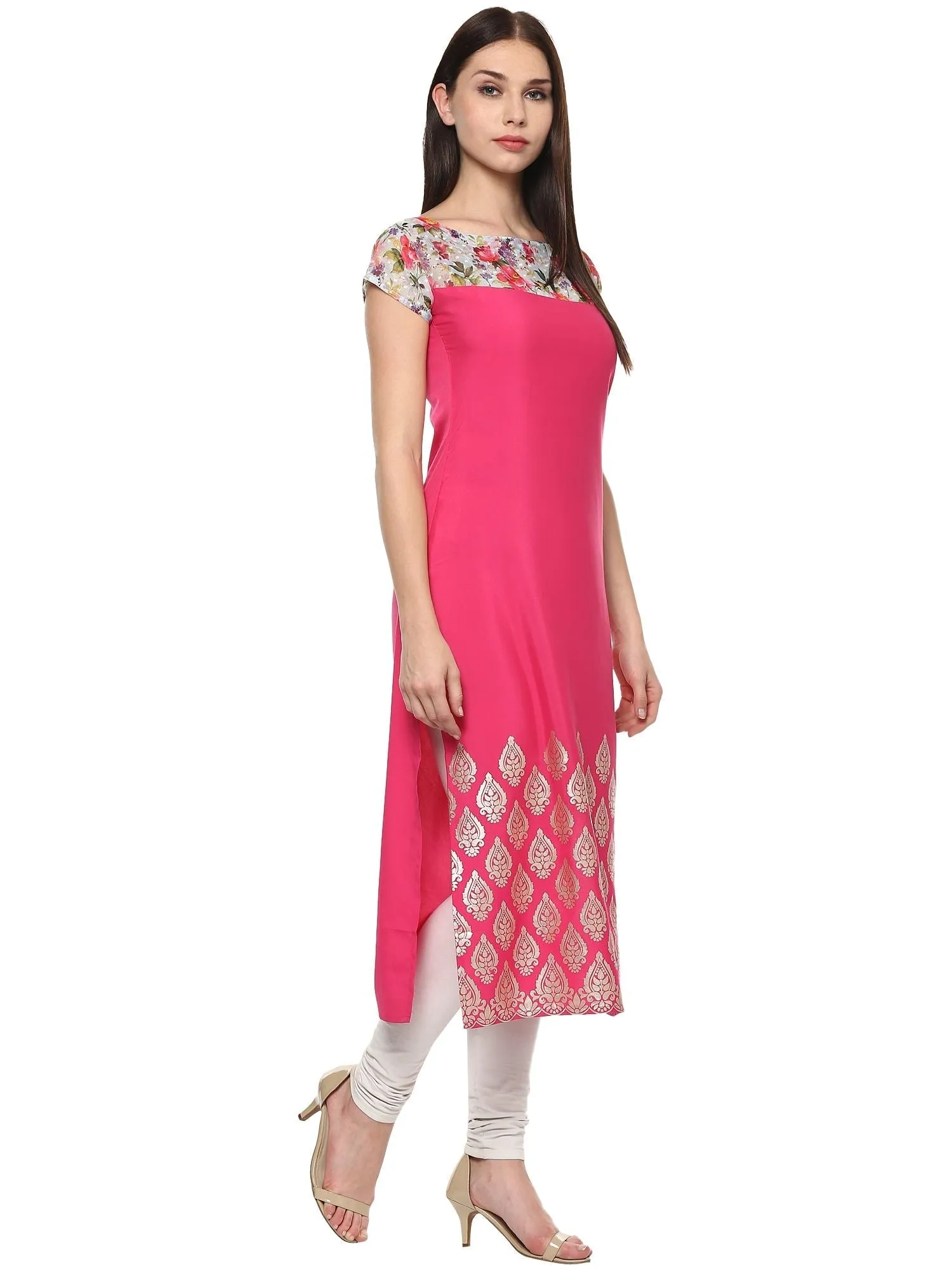 Pink Chanderi Foil Printed Kurta