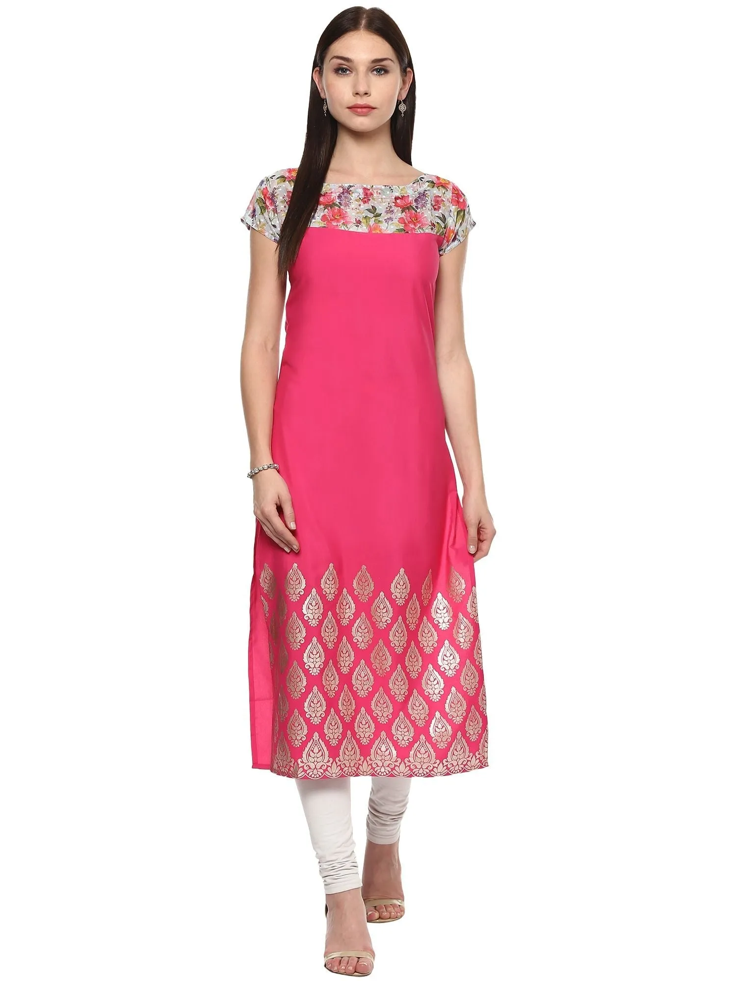 Pink Chanderi Foil Printed Kurta