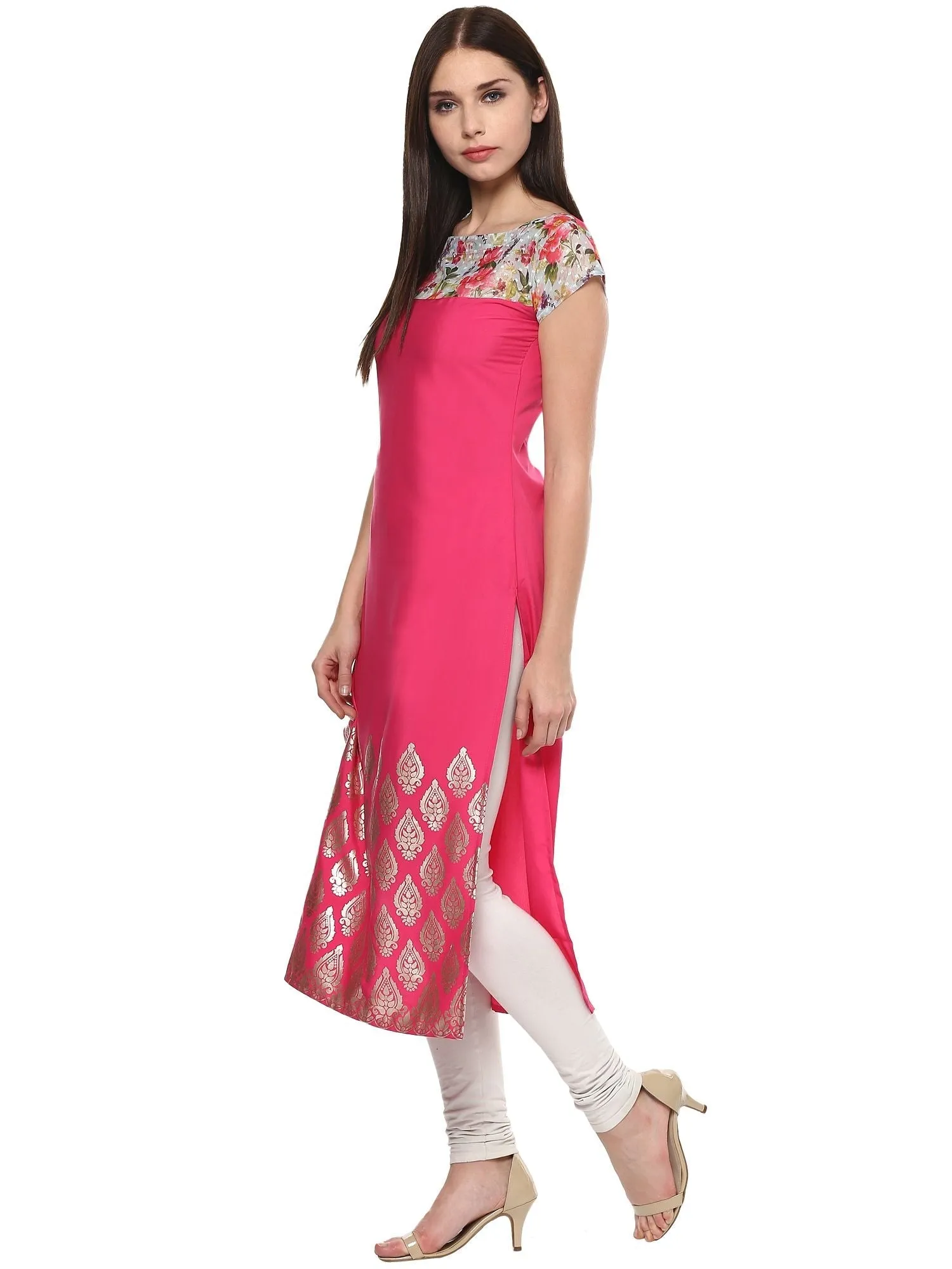 Pink Chanderi Foil Printed Kurta