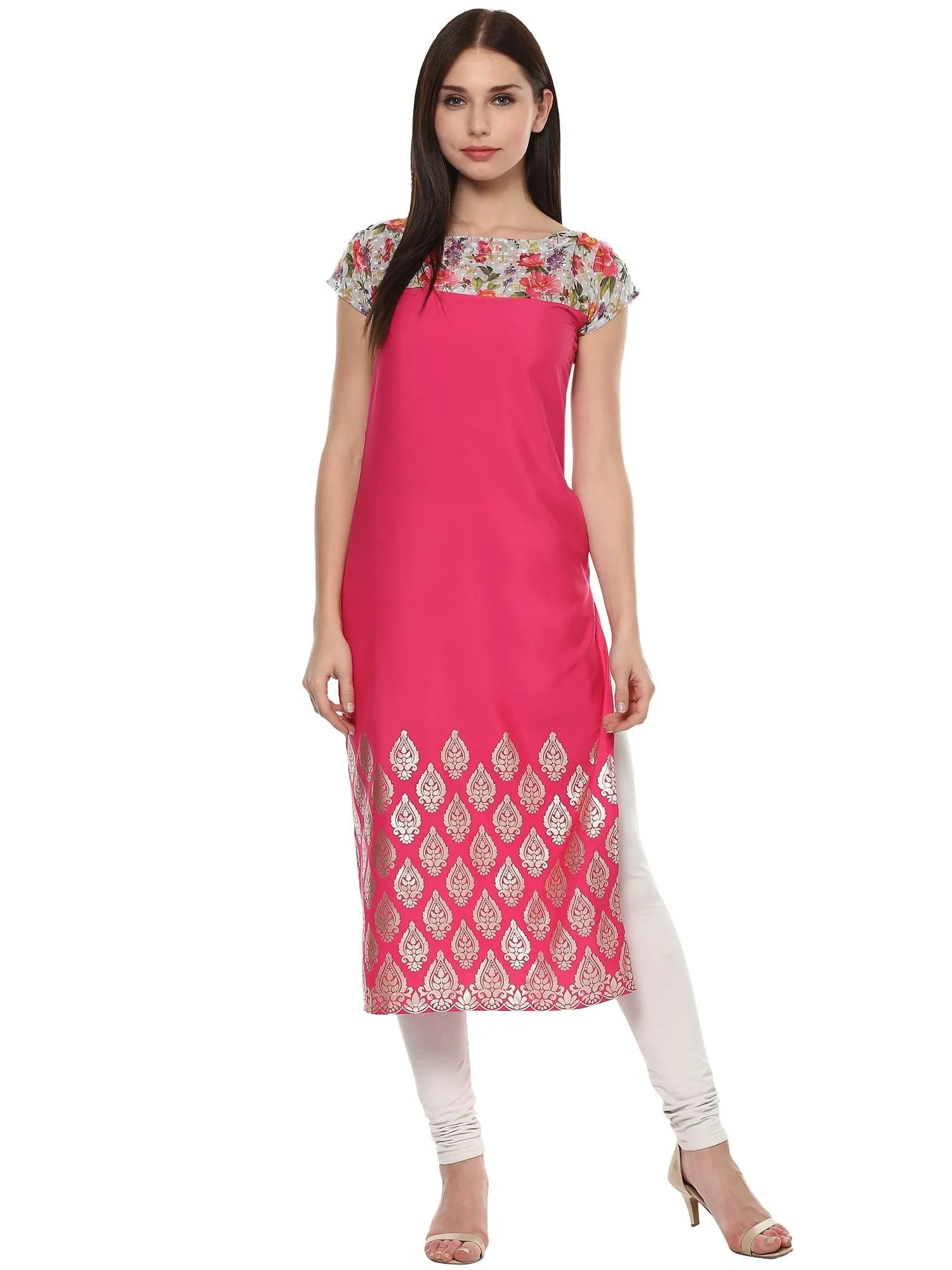 Pink Chanderi Foil Printed Kurta