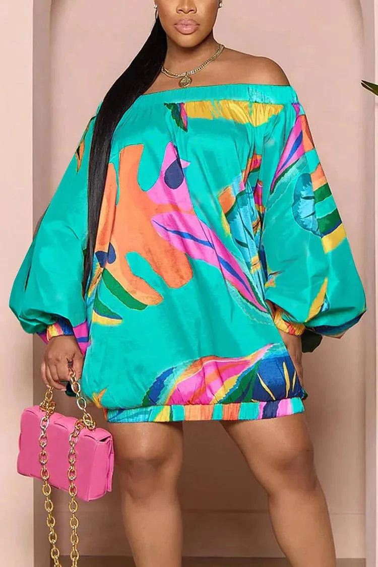 Plus Size Green Casual Floral Print Off The Shoulder Lantern Sleeve Mini Dress