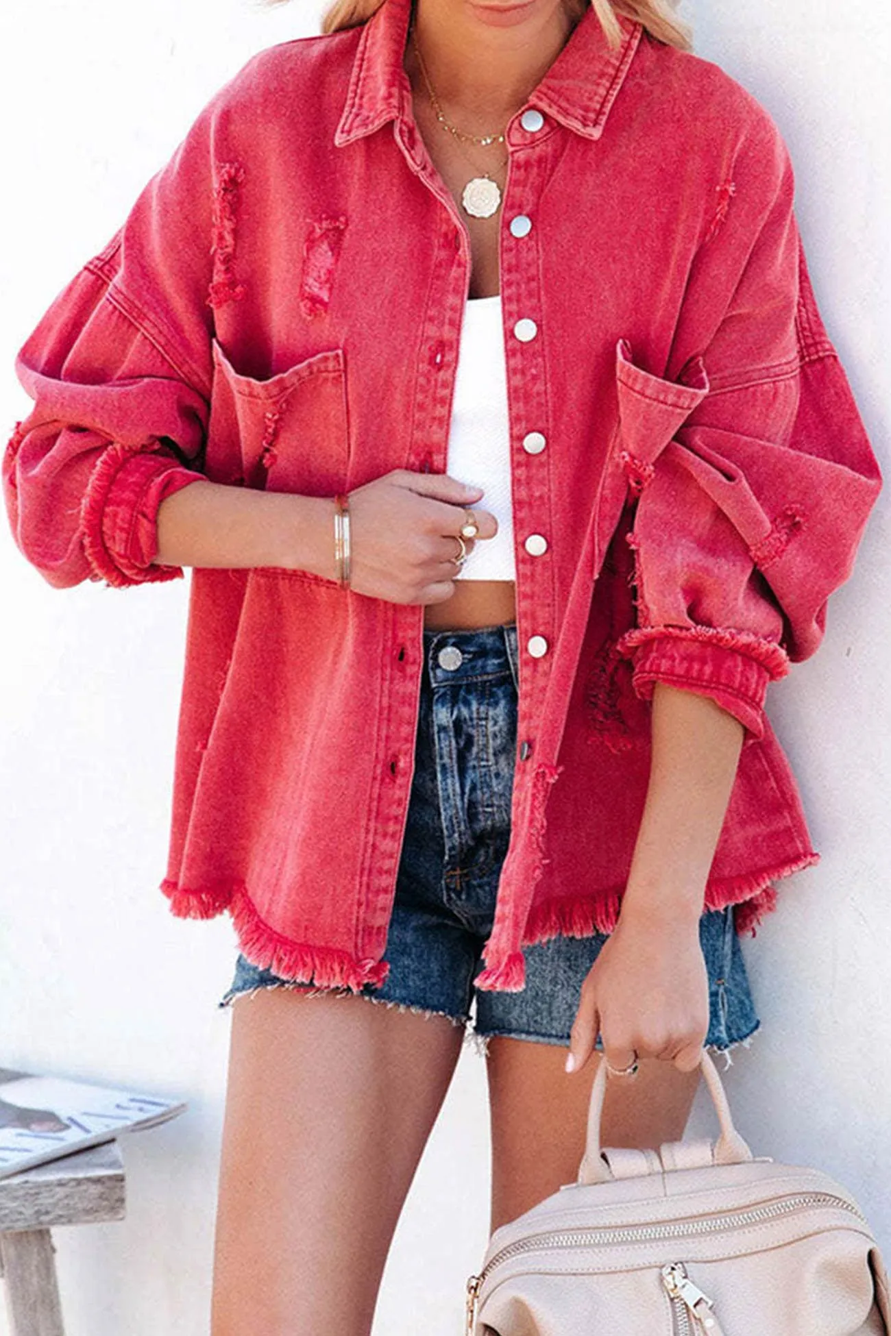 Pocketed Solid Color Distressed Denim Jacket