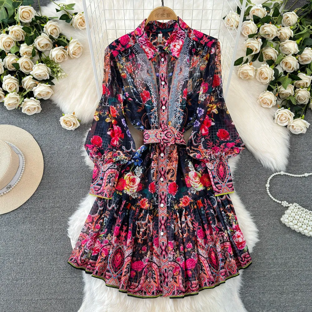 Pre Order:  Floral Lantern Sleeves Belted A-Line Dress