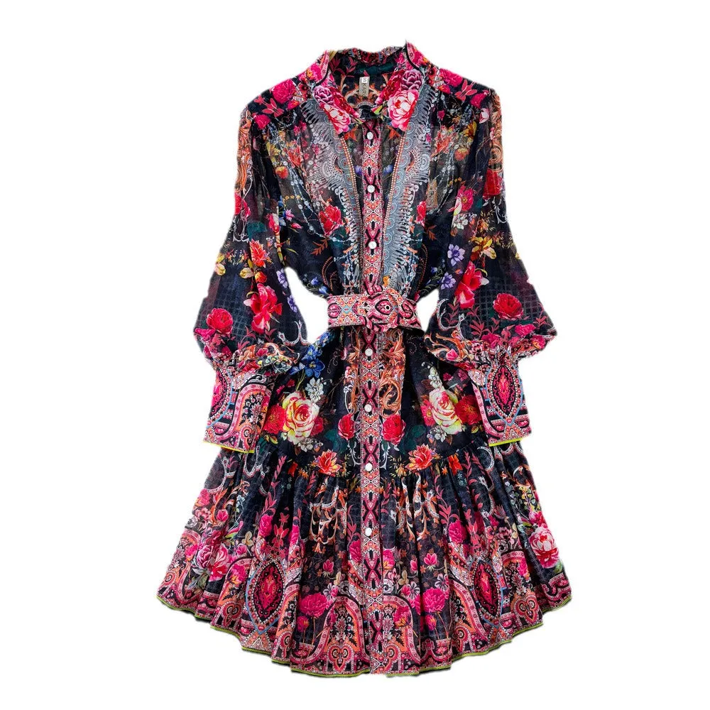 Pre Order:  Floral Lantern Sleeves Belted A-Line Dress